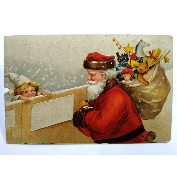 Christmas Postcard Santa Claus With Sack Of Toys Girl Behind Fence Chicago 1908 - Picture 5 of 5